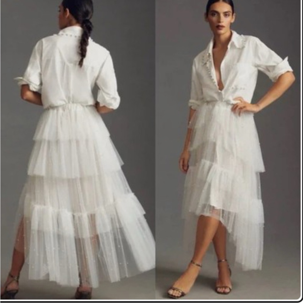 MAEVE TULLE & PEARL-EMBELLISHED SHEER SKIRT